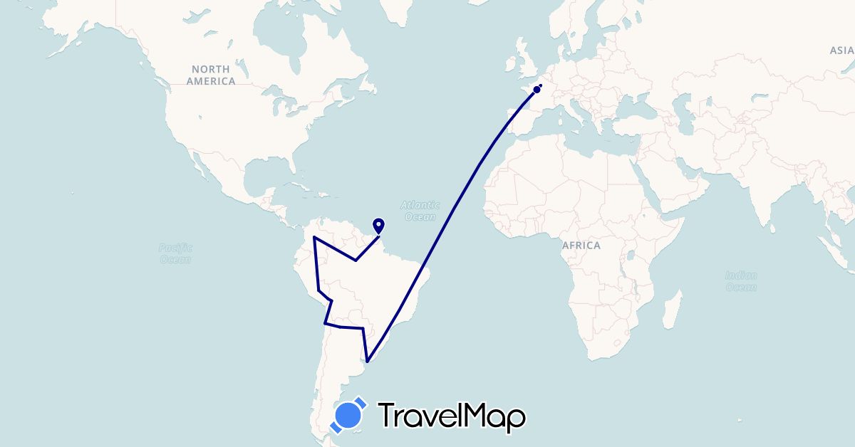 TravelMap itinerary: driving in Argentina, Bolivia, Brazil, Chile, Colombia, France, French Guiana, Peru, Paraguay, Uruguay (Europe, South America)